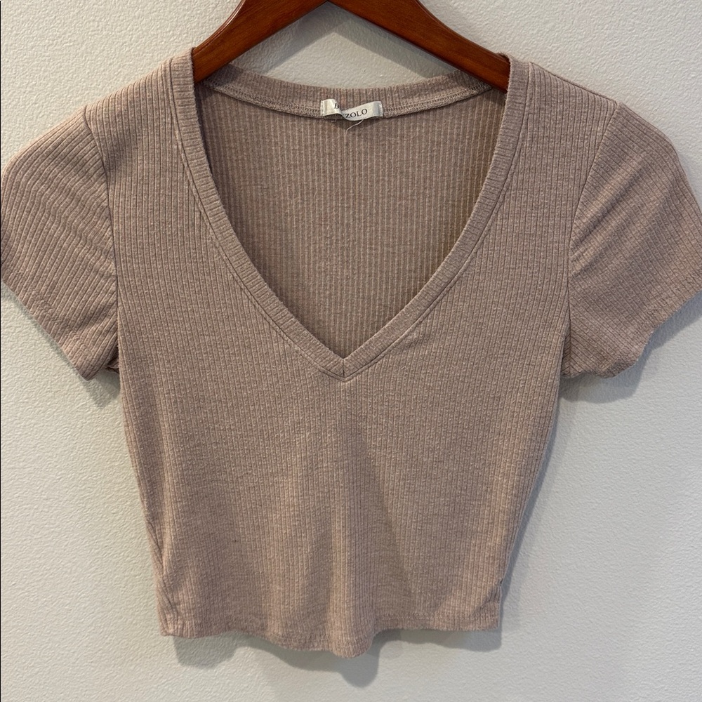 Bozzolo Beige Ribbed v neck Knit Top